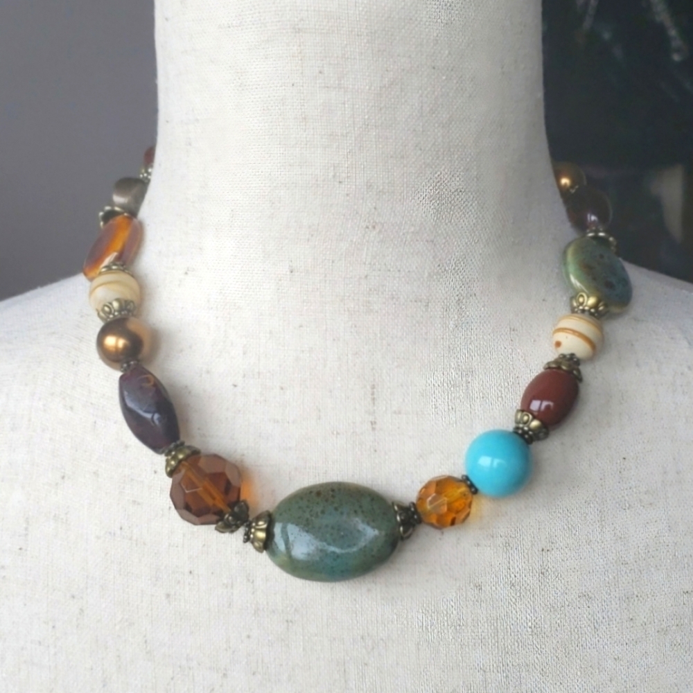 Retired Premier Designs Vintage Multicolor Large Glass & Plastic Bead Necklace
